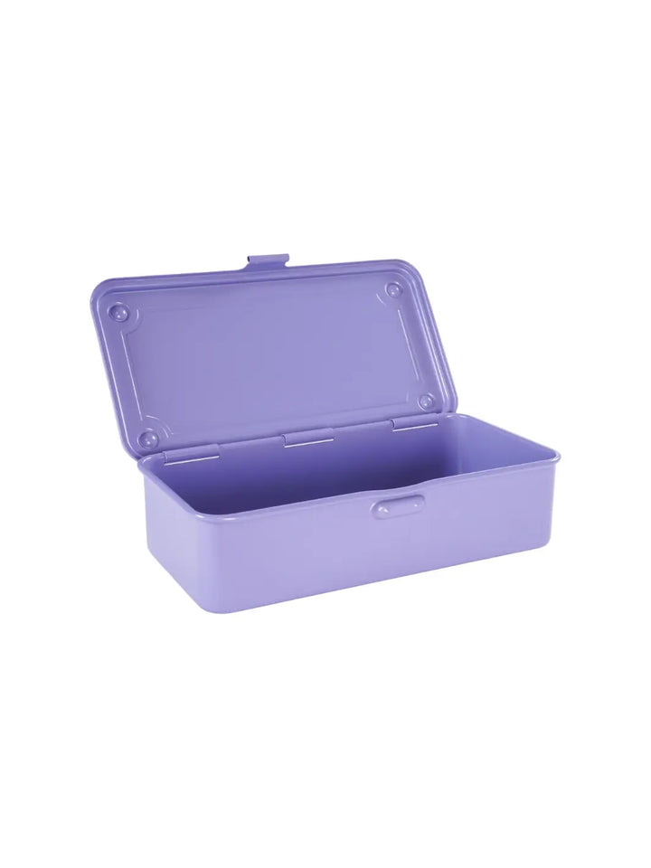 An angled, three-quarter view of an open, empty Toyo Steel T-190 Toolbox - Light Purple showing the inside compartment and the hinged lid on a white background | Twentyseven Toronto