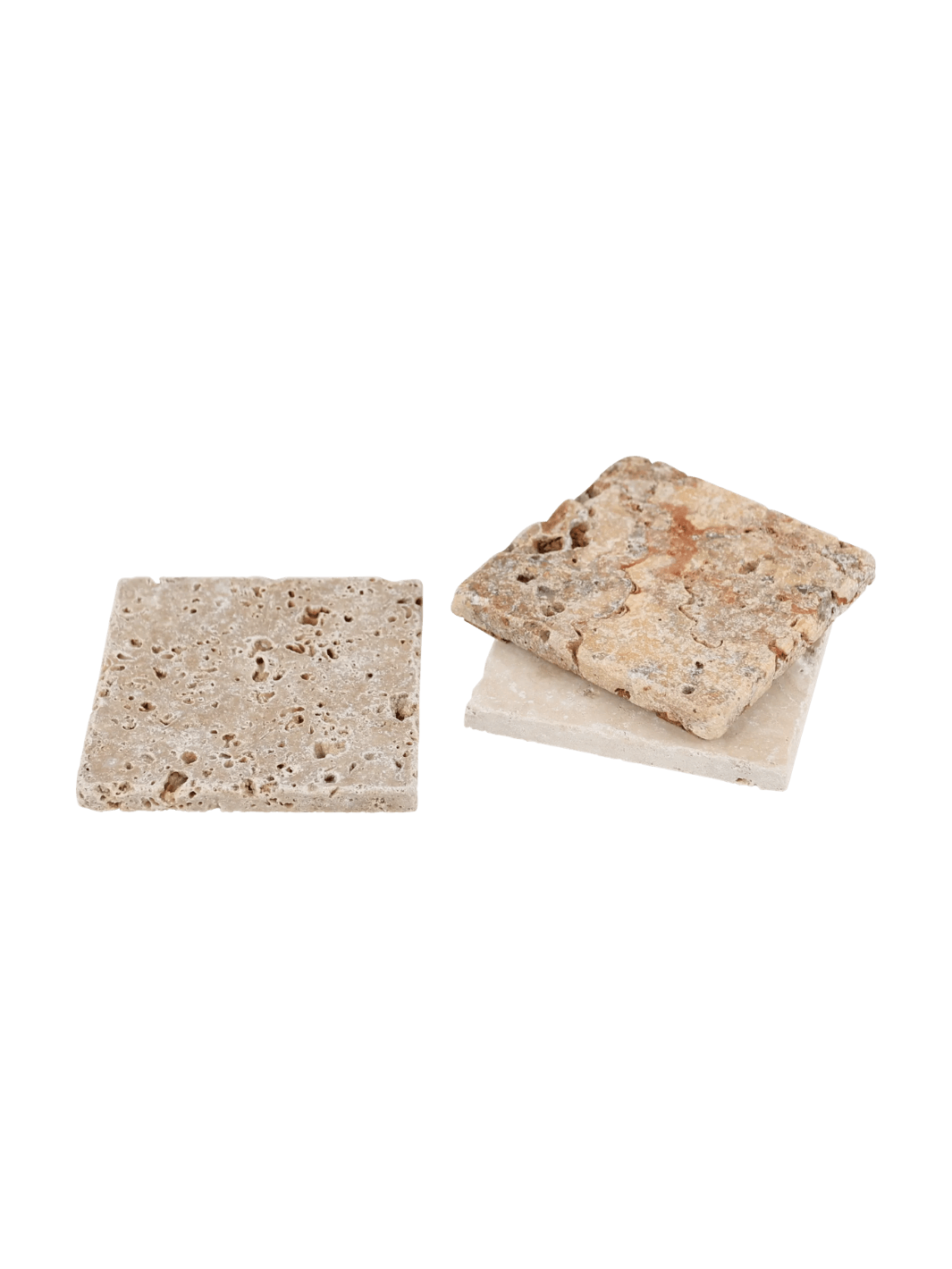 Three assorted travertine soap dishes from Burstenhaus Redecker on a transparent background | Twentyseven Toronto