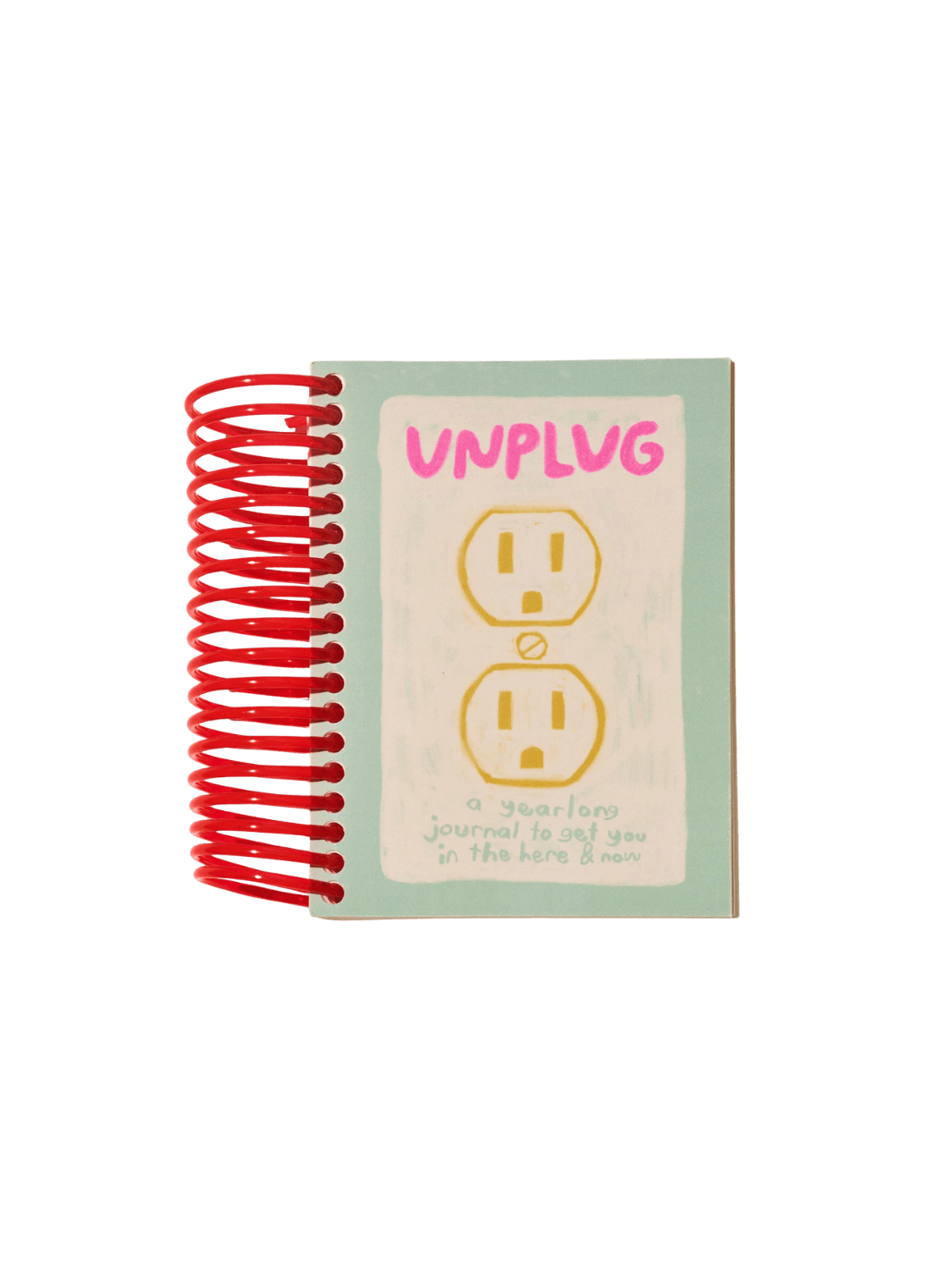 Front cover of the red spiral-bound Unplug Journal from People I've Loved, which features a drawing of an electrical outlet | Twentyseven Toronto