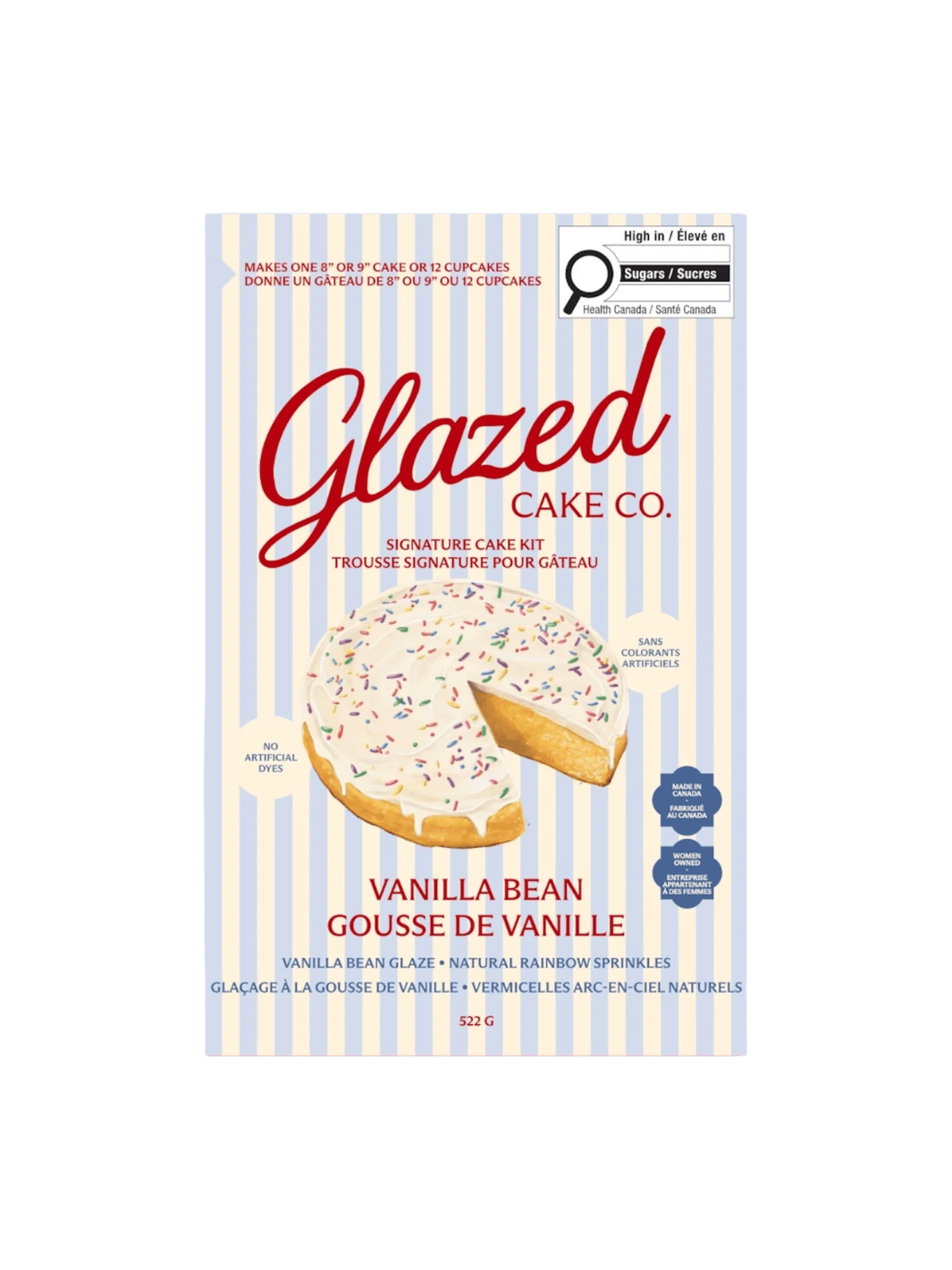 The front of a blue and white striped box showcases the packaging for the Glazed Cake Co Vanilla Bean Signature Cake Kit, displaying an illustration of a frosted cake with sprinkles | Twentyseven Toronto