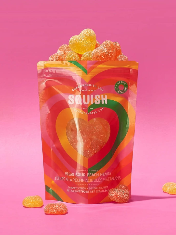 Squish Candy Vegan Sour Peach Hearts Gummies | Twentyseven Toronto