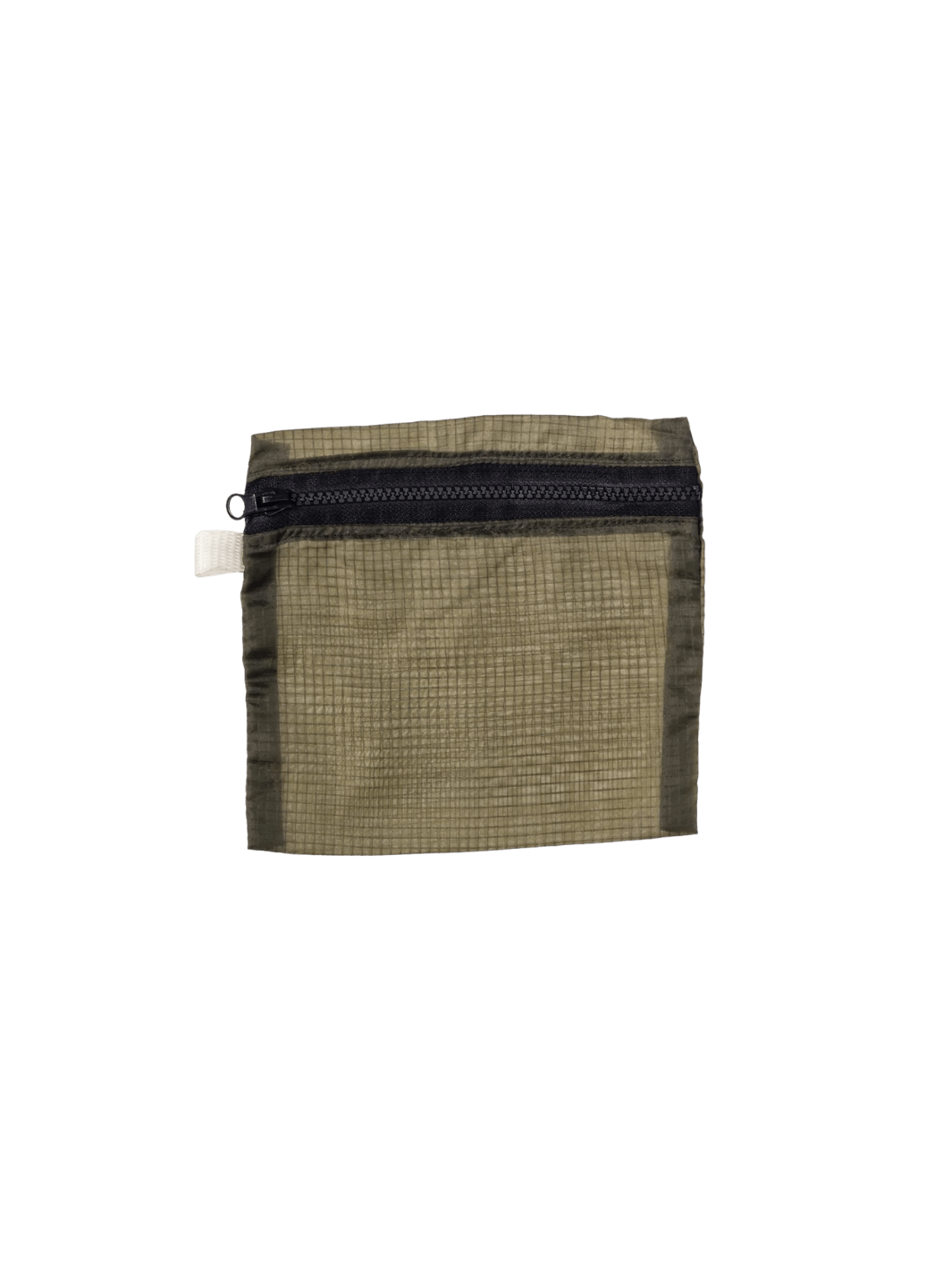 An olive green Vintage Parachute Light Pouch Medium from Puebco is shown flat, showcasing its semi-transparent fabric, top zipper, and small stitched branding detail near the bottom | Twentyseven Toronto