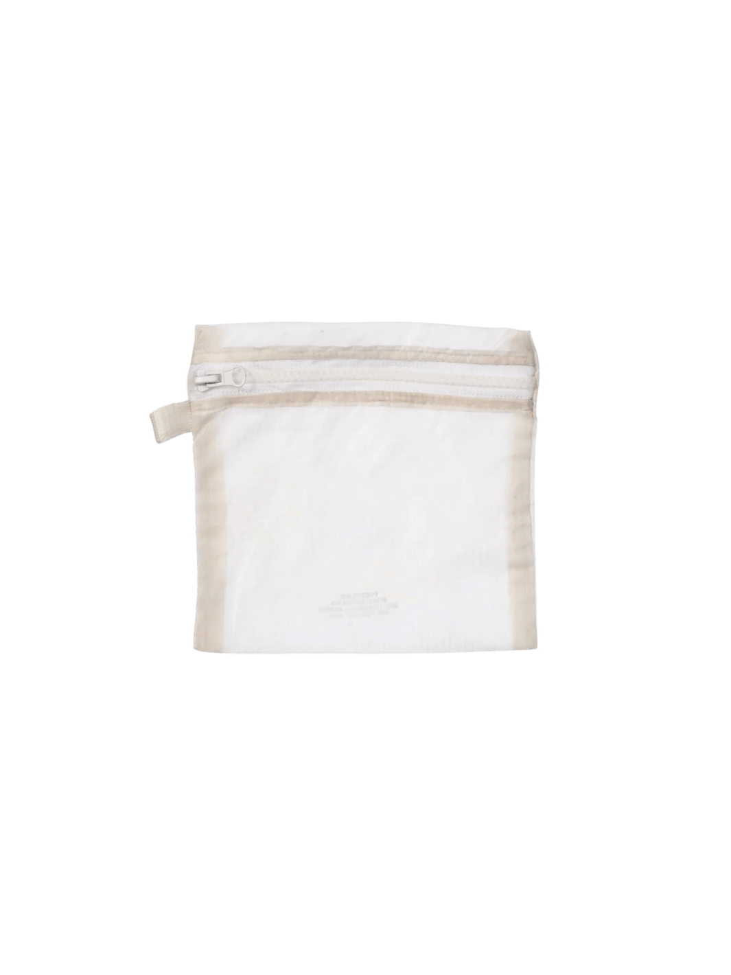 A white Vintage Parachute Light Pouch Medium from Puebco is shown flat, showcasing its semi-transparent white fabric, top zipper, and small stitched branding detail near the bottom | Twentyseven Toronto