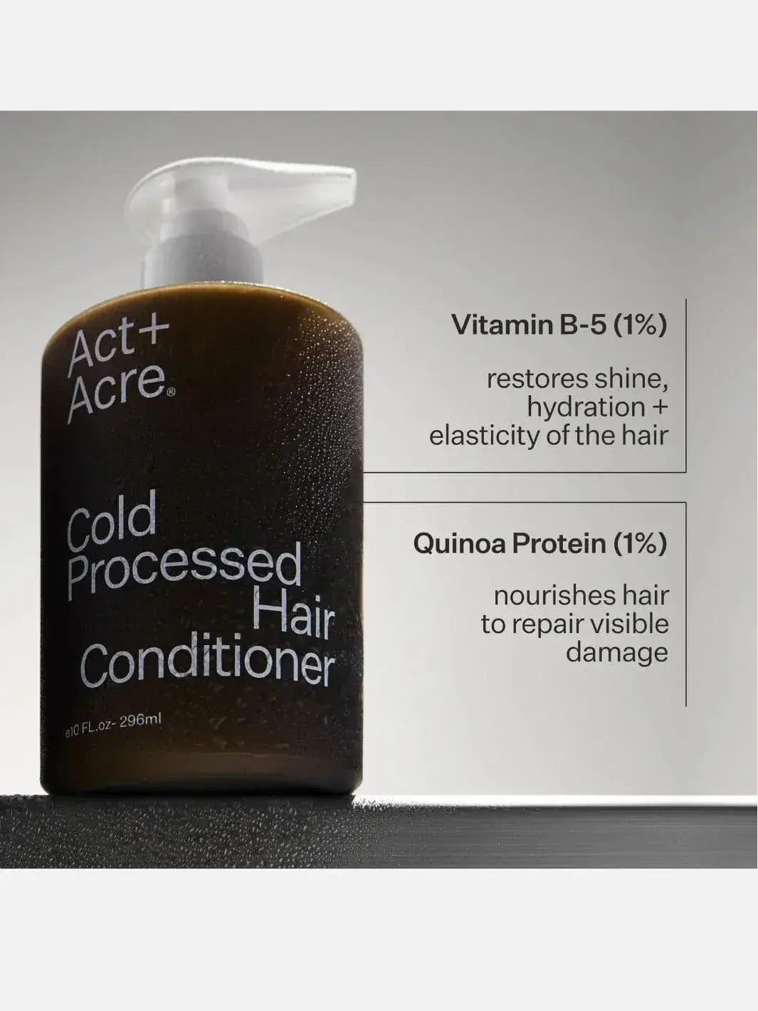 Act+Acre Cold Processed Hair Conditioner bottle with text detailing ingredients and benefits on a gray background | Twentyseven Toronto