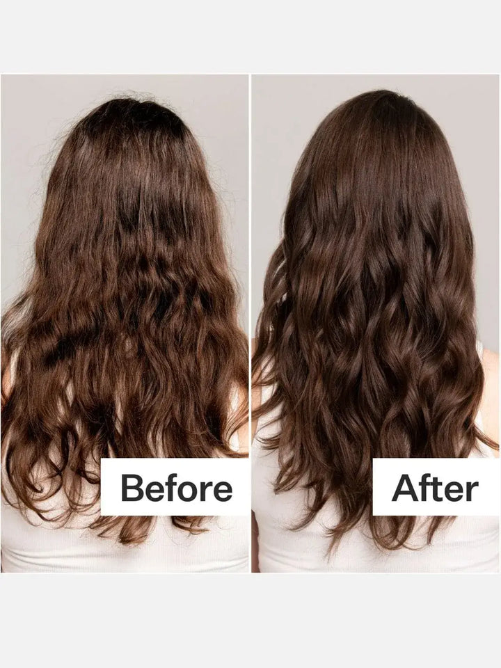 Before and after comparison of a woman with long, wavy hair after using Act+Acre Cold Processed Hair Conditioner | Twentyseven Toronto