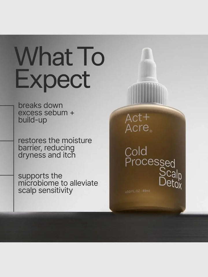 Act+Acre Cold Processed Scalp Detox bottle with product benefits text on a gray background | Twentyseven Toronto