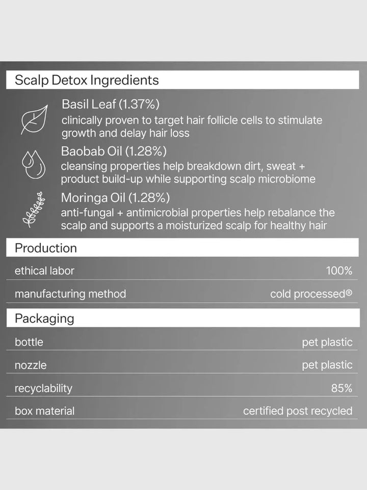 Act+Acre Vitamin E Scalp Detox ingredients list detailing benefits and product sustainability on a gray background | Twentyseven Toronto