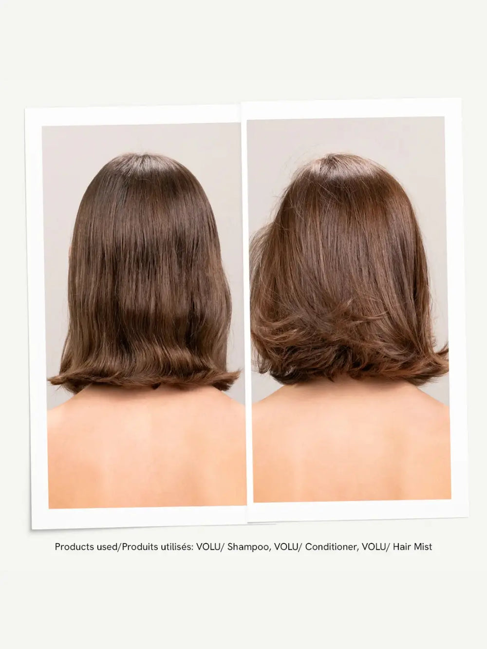 A before-and-after graphic demonstrates the volumizing results on a woman's short brown hair after using the Davines VOLU Conditioner system | Twentyseven Toronto