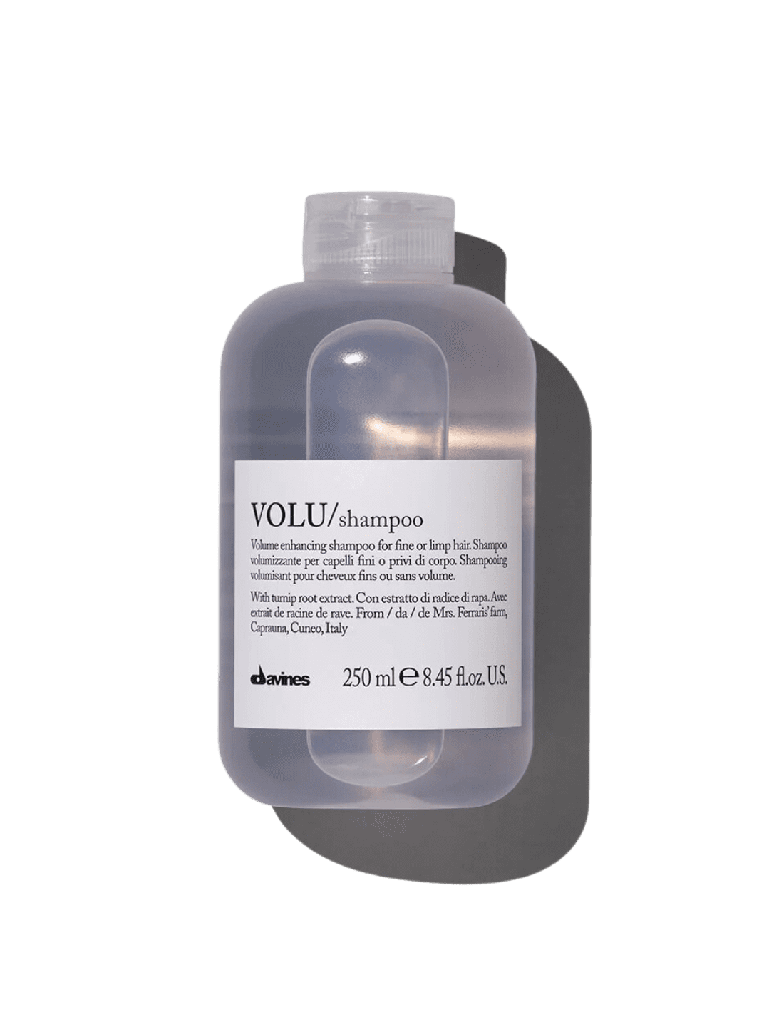 A standard 250 ml bottle of Davines VOLU Shampoo | Twentyseven Toronto