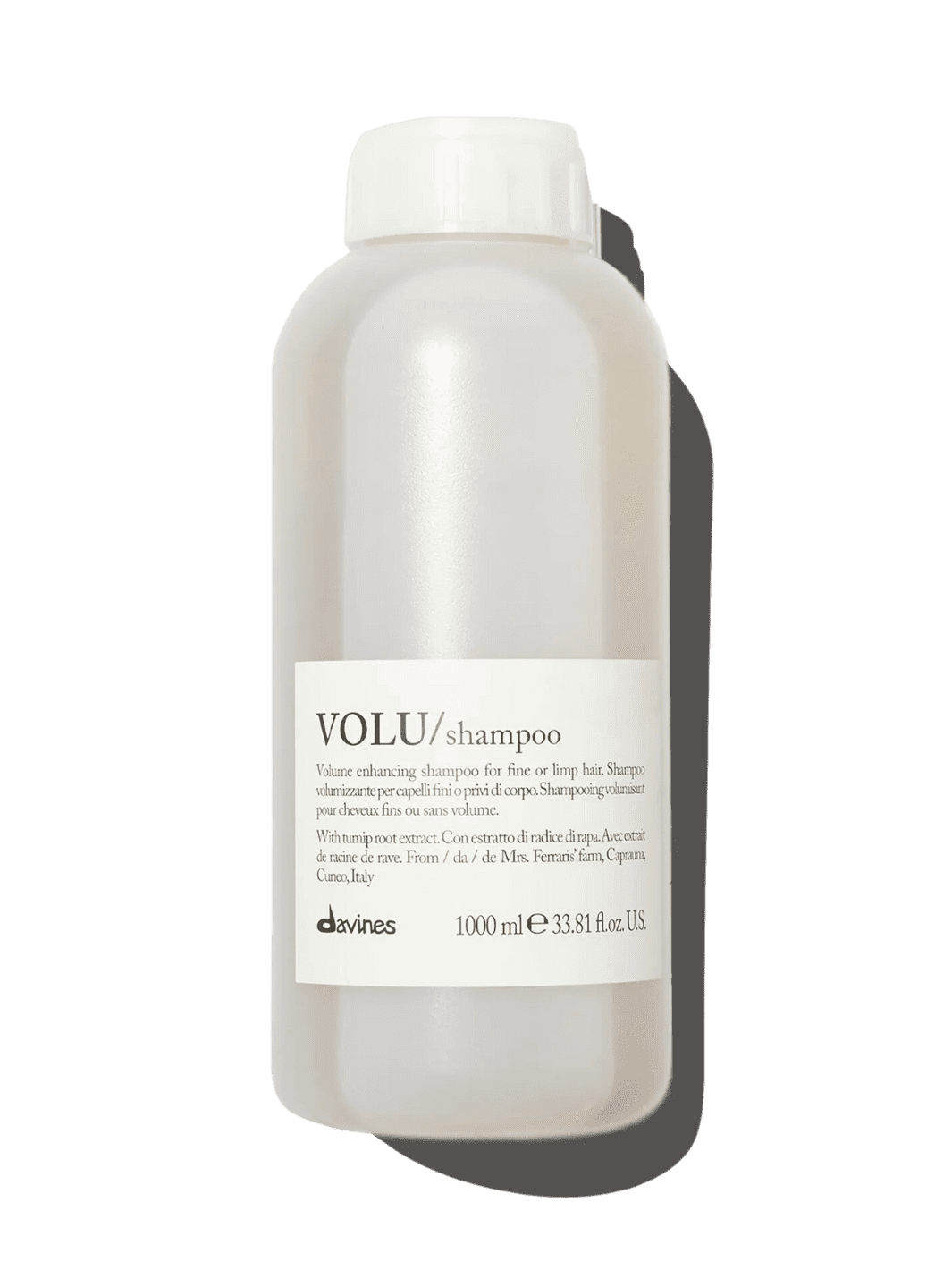 A large, 1000 ml salon-size bottle of Davines VOLU Shampoo | Twentyseven Toronto