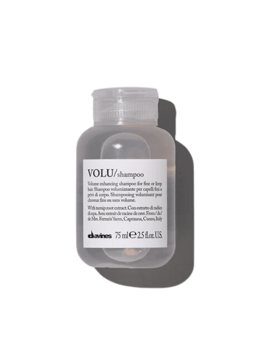 A small, 75 ml travel-size bottle of Davines VOLU Shampoo | Twentyseven Toronto