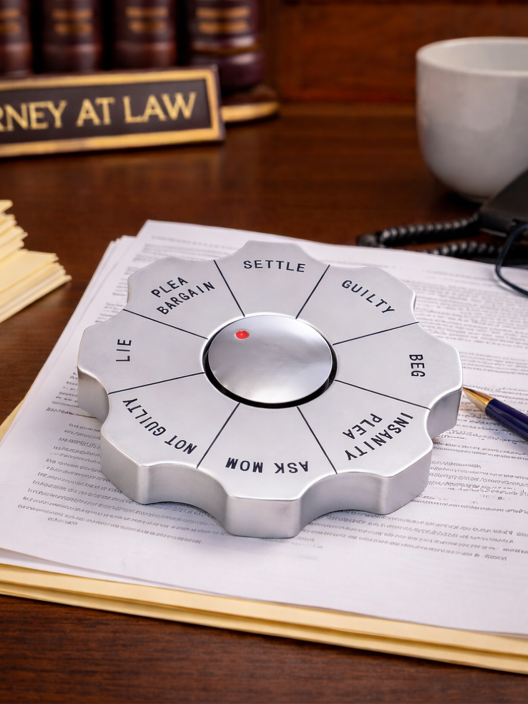 Volume 1 Legal Spinner Decision Maker paperweight displayed on legal documents in an attorney’s office | Twentyseven Toronto