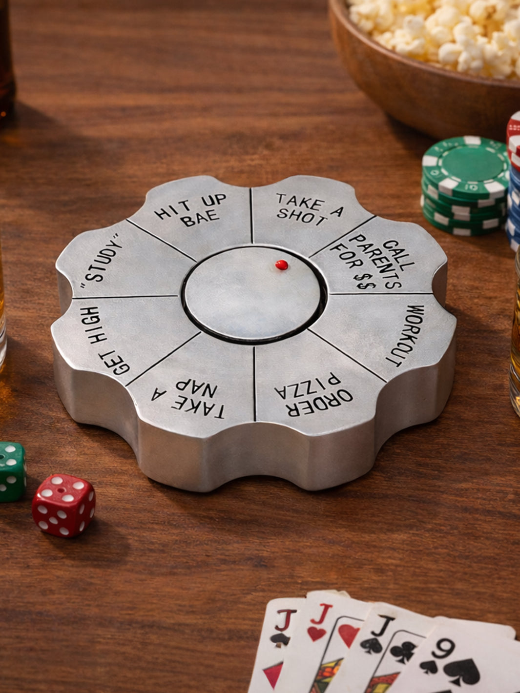 Volume 1 College Spinner Decision Maker styled on a table with playing cards, dice, poker chips and snacks | Twentyseven Toronto