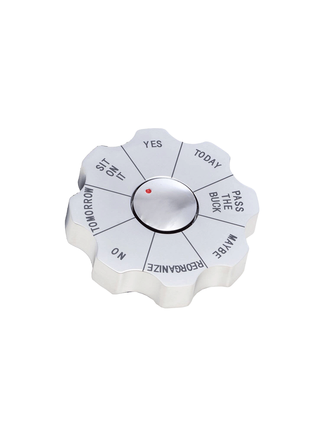 Volume 1 Generic Spinner Decision Maker paperweight in polished silver with playful everyday decision options | Twentyseven Toronto