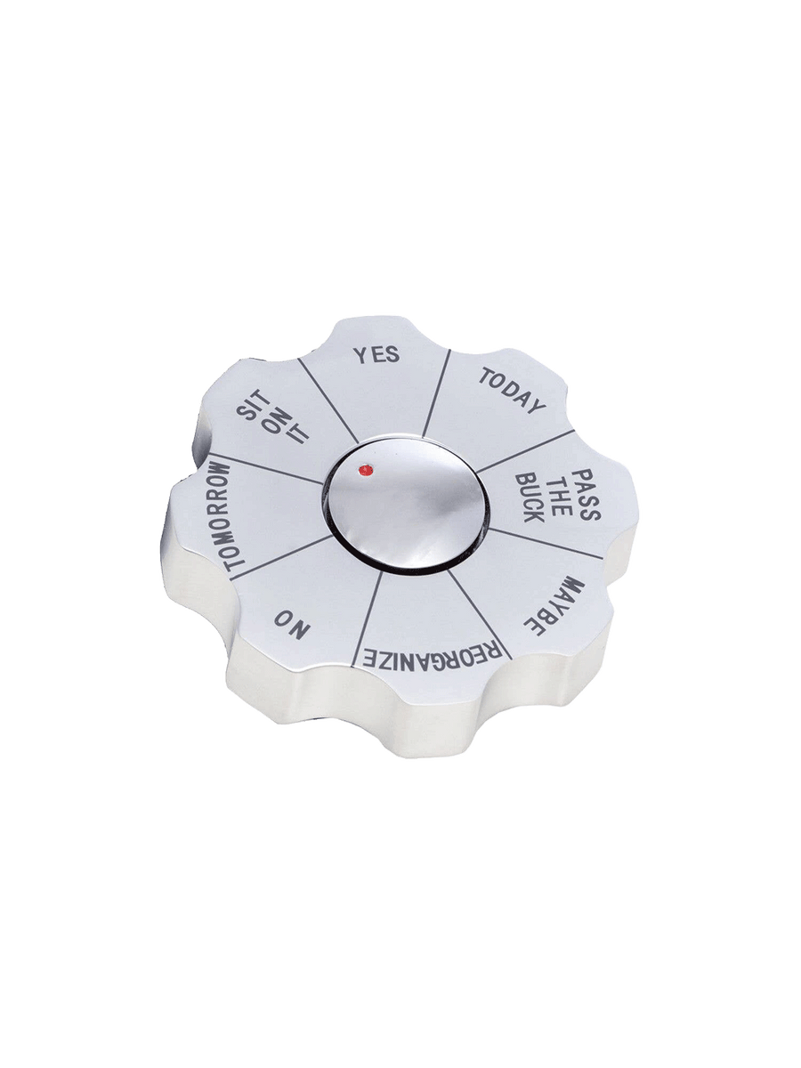 Volume 1 Generic Spinner Decision Maker paperweight in polished silver with playful everyday decision options | Twentyseven Toronto