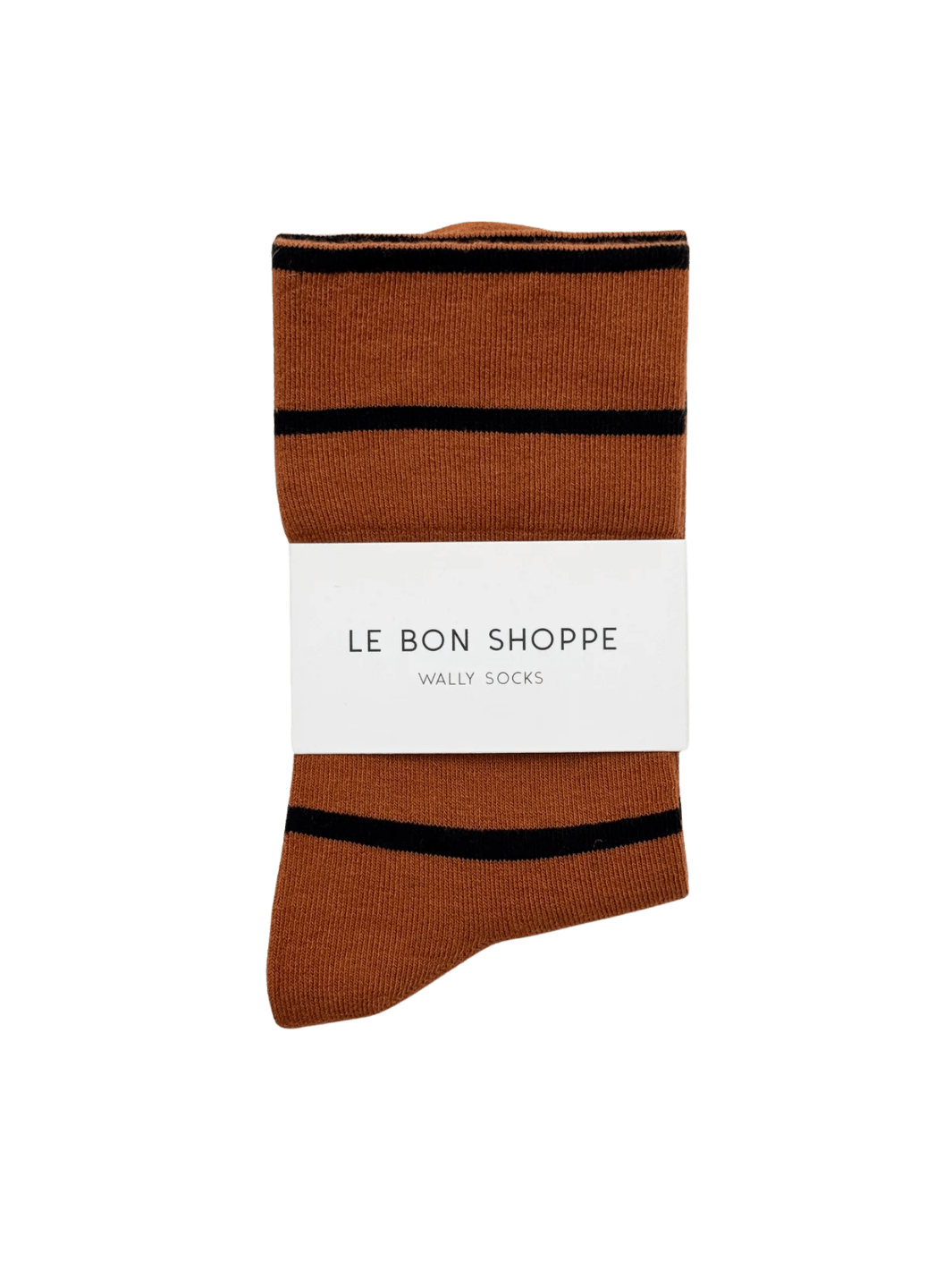 A pair of orange and black striped Wally Socks in Camel from Le Bon Shoppe against a transparent background | Twentyseven Toronto