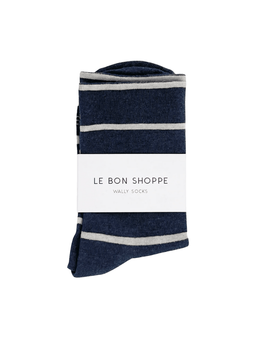 Pair of navy and white striped Wally Socks in Marine from Le Bon Shoppe on a transparent background | Twentyseven Toronto