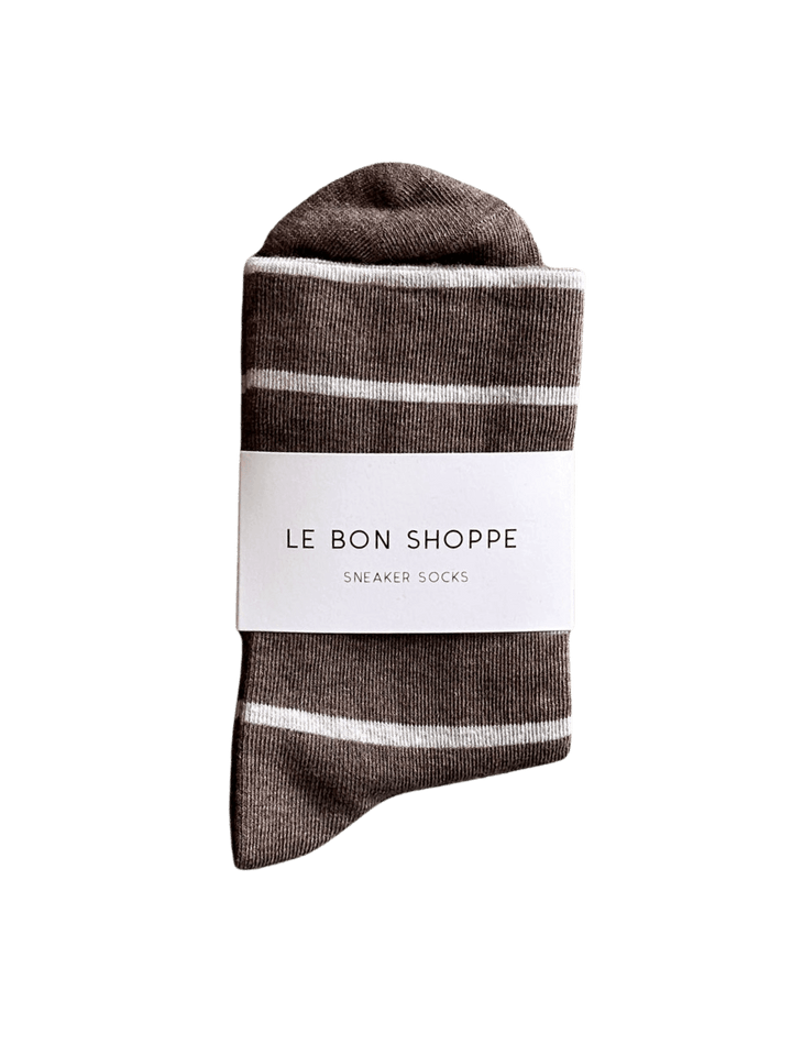 Pair of brown and cream striped Wally Socks in Mocha from Le Bon Shoppe against a transparent background | Twentyseven Toronto