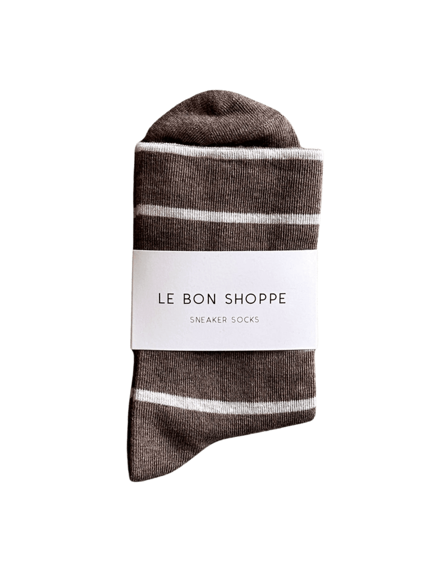 Pair of brown and cream striped Wally Socks in Mocha from Le Bon Shoppe against a transparent background | Twentyseven Toronto