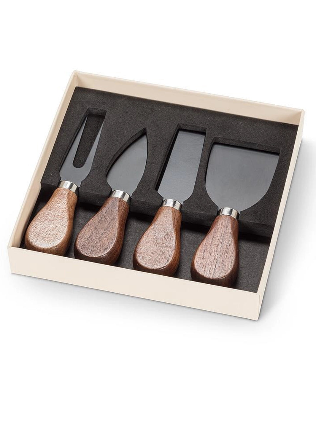 Set of four walnut handled cheese knives arranged inside their gift box | Twentyseven Toronto