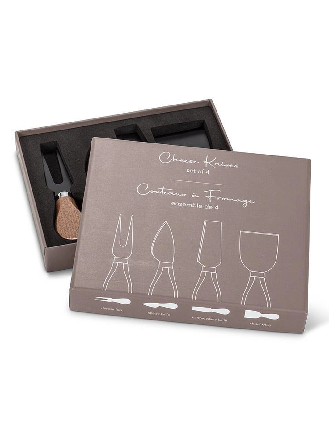 Walnut Handled Cheese Knives Set of 4 shown in its gift box with illustrated packaging | Twentyseven Toronto