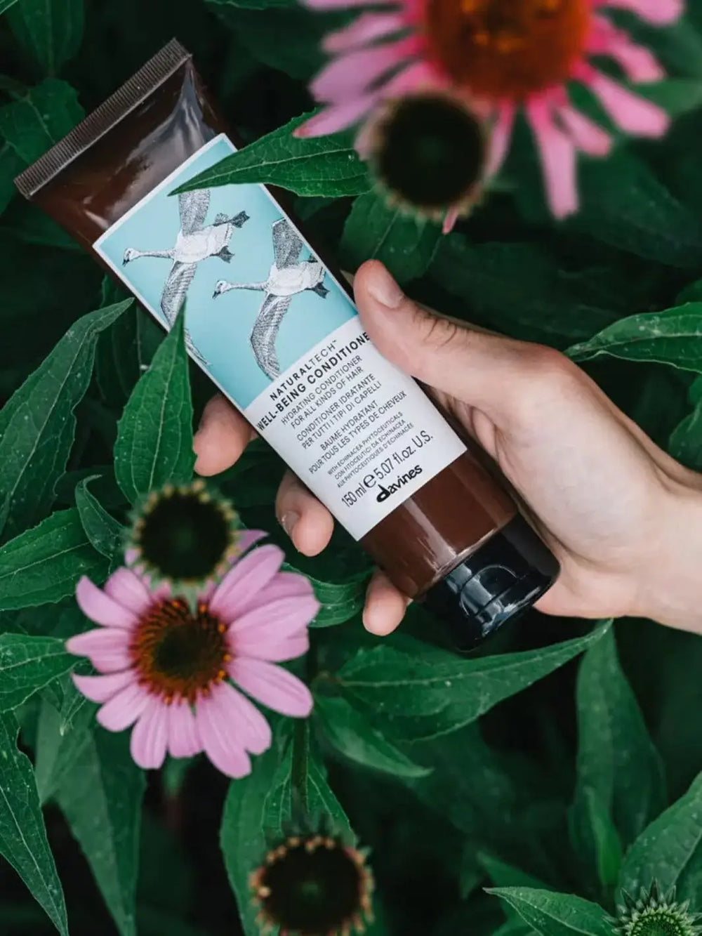 A hand holds a tube of Davines WELLBEING Conditioner surrounded by green leaves and pink echinacea flowers | Twentyseven Toronto