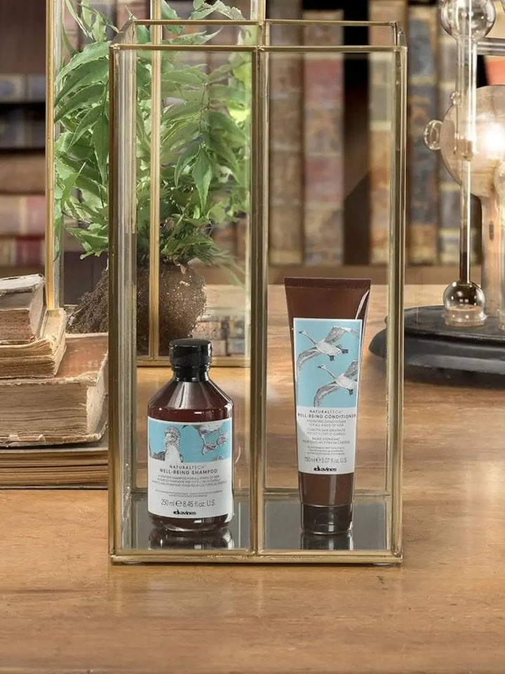 A bottle of shampoo stands next to a tube of Davines WELLBEING Conditioner inside a gold glass display case on a wooden table | Twentyseven Toronto