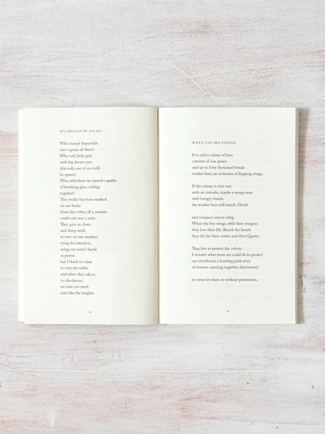 Open spread of When The Bee Stings by Raquel Franco features two empowering, feminist poems titled "We Should Be Allies" and "When The Bee Stings" | Twentyseven Toronto