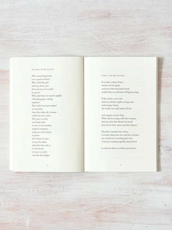 Open spread of When The Bee Stings by Raquel Franco features two empowering, feminist poems titled "We Should Be Allies" and "When The Bee Stings" | Twentyseven Toronto
