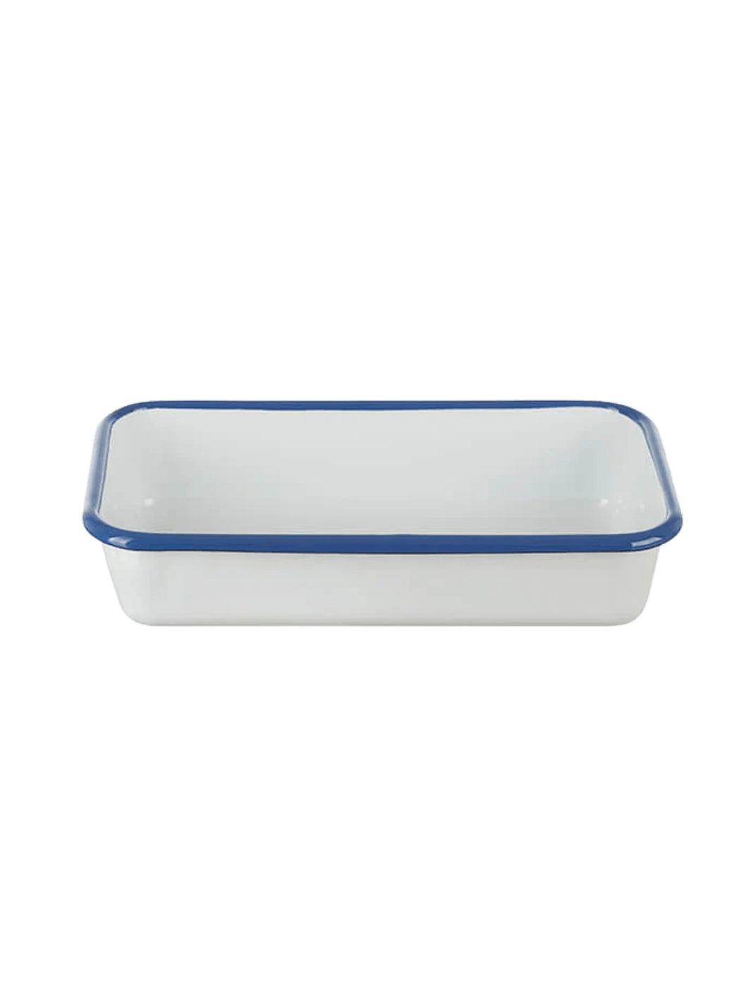 A rectangular white enamel baking dish with a distinct dark blue rim, featuring the Munder Email White/Blue Casserole Dish, 5 cm | Twentyseven Toronto