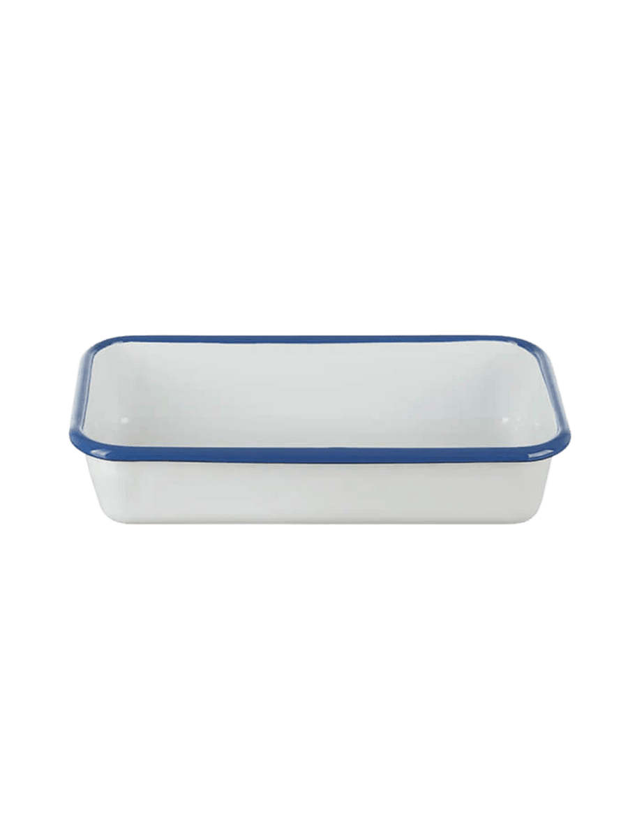 A rectangular white enamel baking dish with a distinct dark blue rim, featuring the Munder Email White/Blue Casserole Dish, 5 cm | Twentyseven Toronto