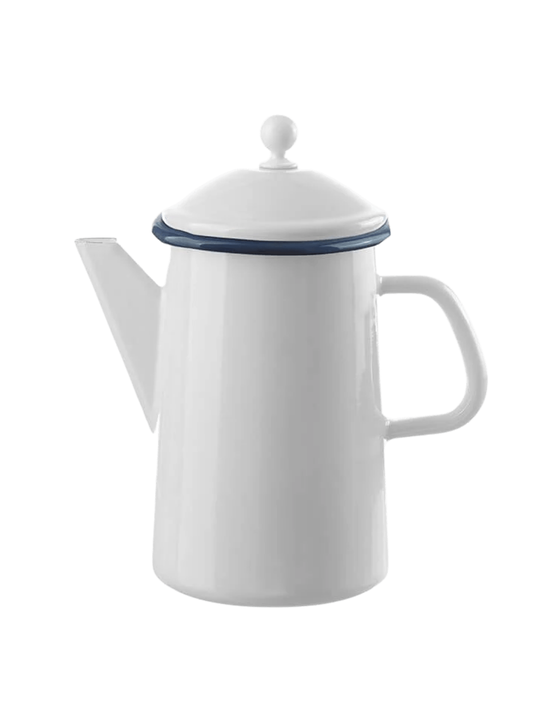 Tall white enamel coffee pot with a side handle, straight spout, and a matching lid with a blue rim and spherical knob, showcasing the Munder Email White/Blue Coffee Pot | Twentyseven Toronto
