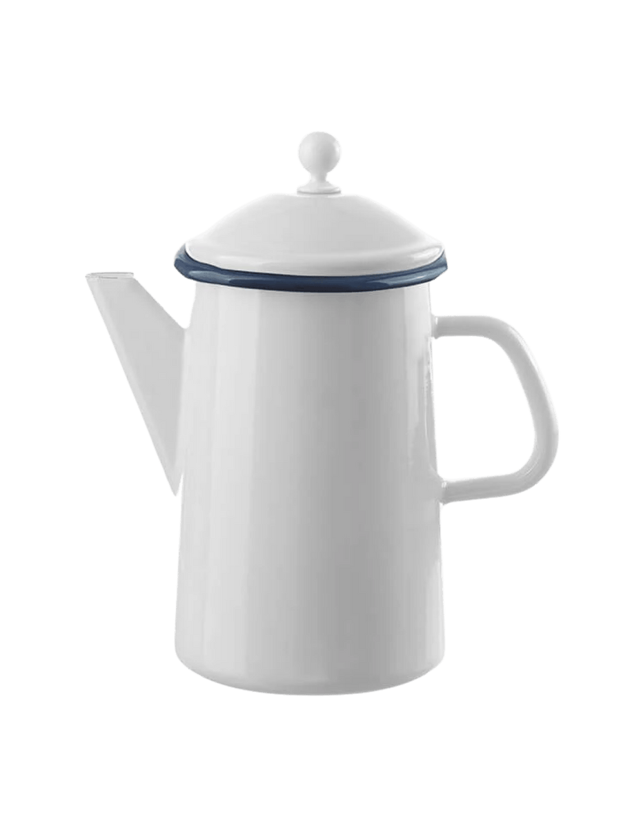 Tall white enamel coffee pot with a side handle, straight spout, and a matching lid with a blue rim and spherical knob, showcasing the Munder Email White/Blue Coffee Pot | Twentyseven Toronto