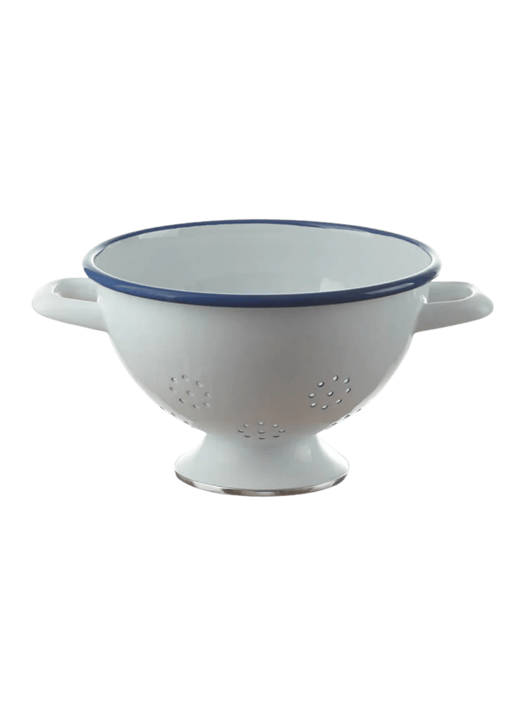 A white enamel colander featuring side handles, a blue rim, small circular drainage holes, and a raised pedestal base with a metallic rim, highlighting the Munder Email White/Blue Colander with Chrome Ring Base, 22 cm | Twentyseven Toronto