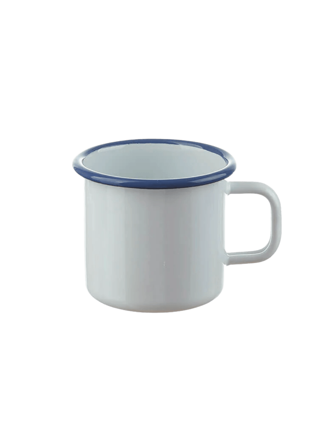 A white enamel mug with a dark blue rim and side handle, featuring the Munder Email White/Blue Cup, 8cm | Twentyseven Toronto