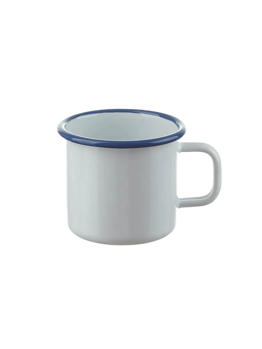 A white enamel mug with a dark blue rim and side handle, featuring the Munder Email White/Blue Cup, 8cm | Twentyseven Toronto