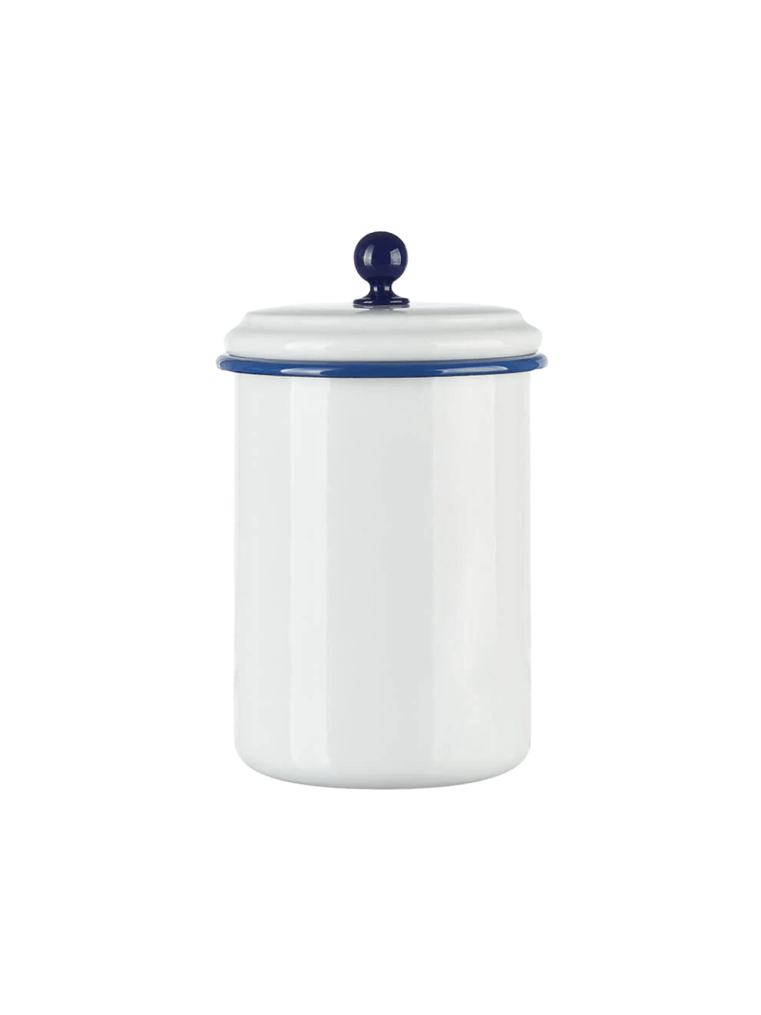 A large, round white enamel storage container featuring a dark blue rim and a matching blue spherical knob on its lid, showcasing the Munder Email White/Blue Large Storage Container | Twentyseven Toronto