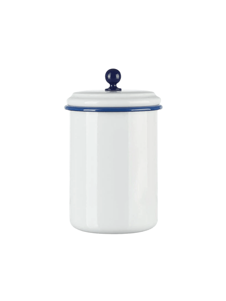 A large, round white enamel storage container featuring a dark blue rim and a matching blue spherical knob on its lid, showcasing the Munder Email White/Blue Large Storage Container | Twentyseven Toronto