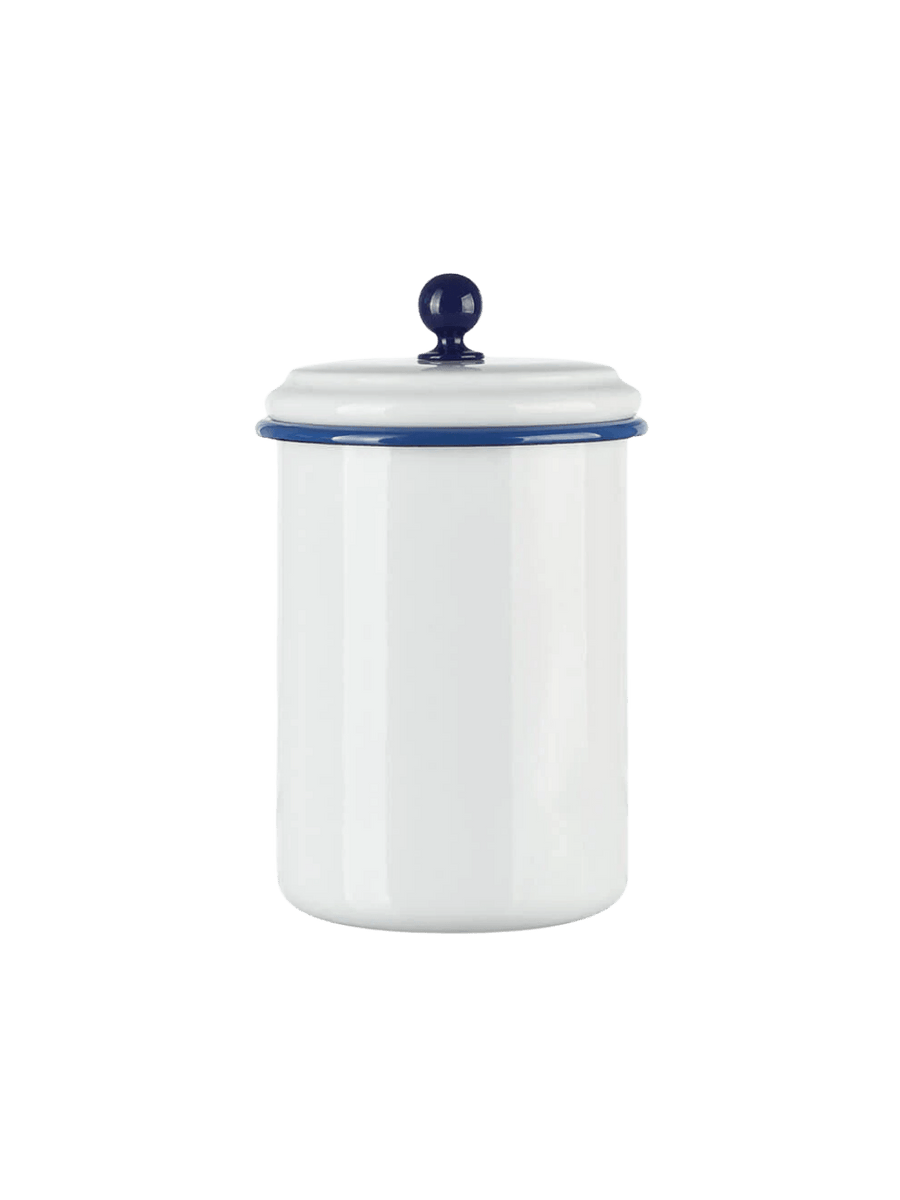 A large, round white enamel storage container featuring a dark blue rim and a matching blue spherical knob on its lid, showcasing the Munder Email White/Blue Large Storage Container | Twentyseven Toronto