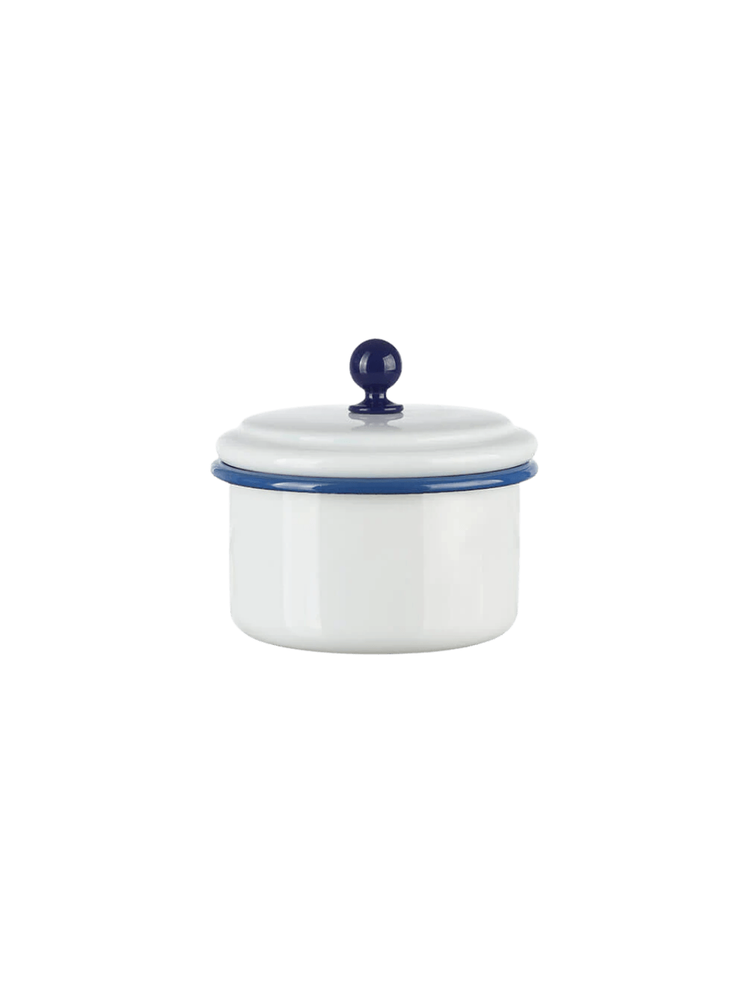 A small, round white enamel storage container featuring a dark blue rim and a matching blue spherical knob on its lid, showcasing the Munder Email White/Blue Small Storage Container | Twentyseven Toronto