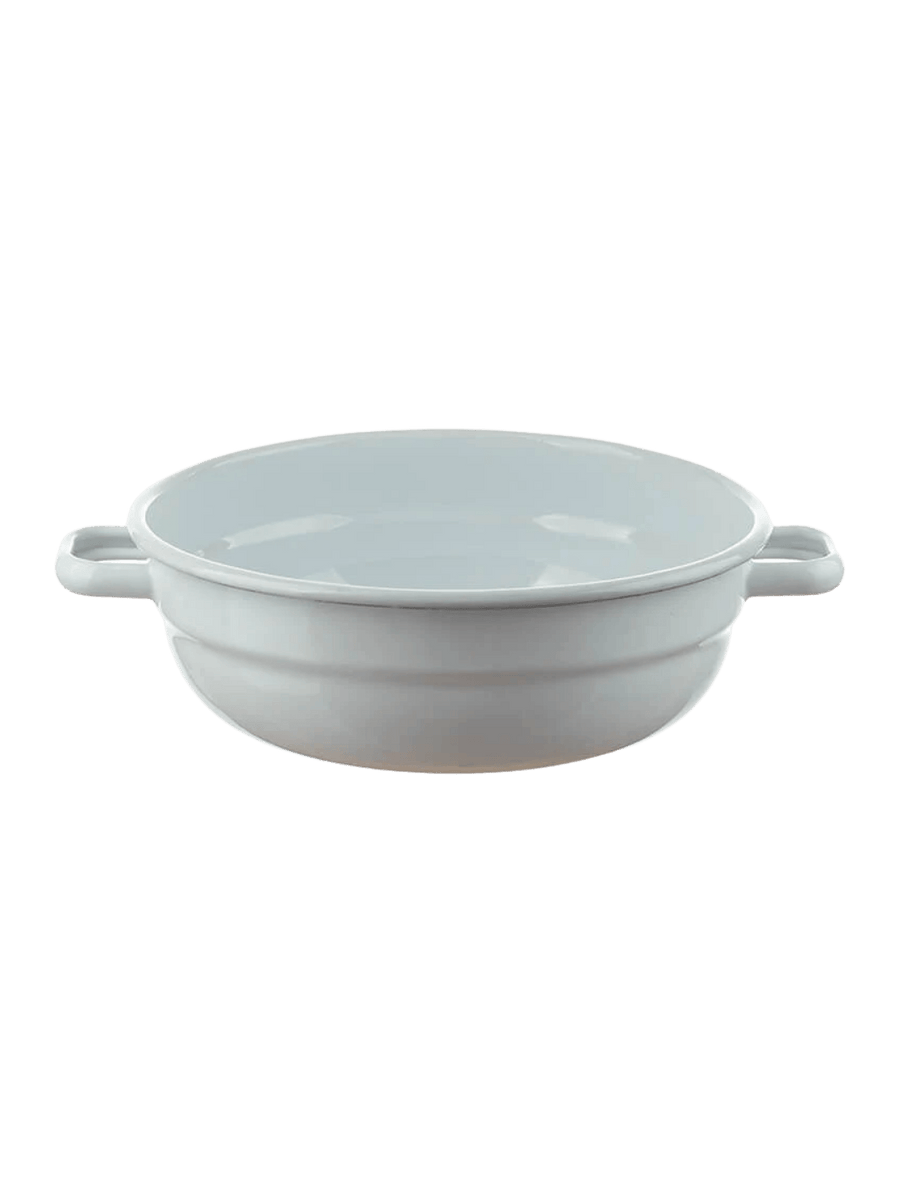 A white enamel serving bowl with small handles on both sides, featuring the Munder Email White Farmhouse Bowl, 20 cm | Twentyseven Toronto
