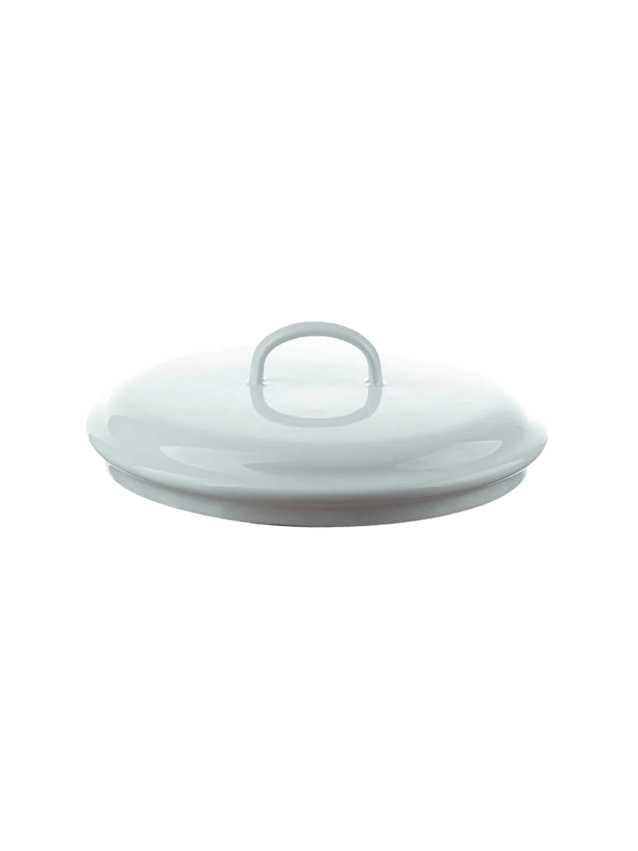 Round, white enamel lid with a curved loop handle on top, featuring the Munder Email White Lid, 20 cm | Twentyseven Toronto