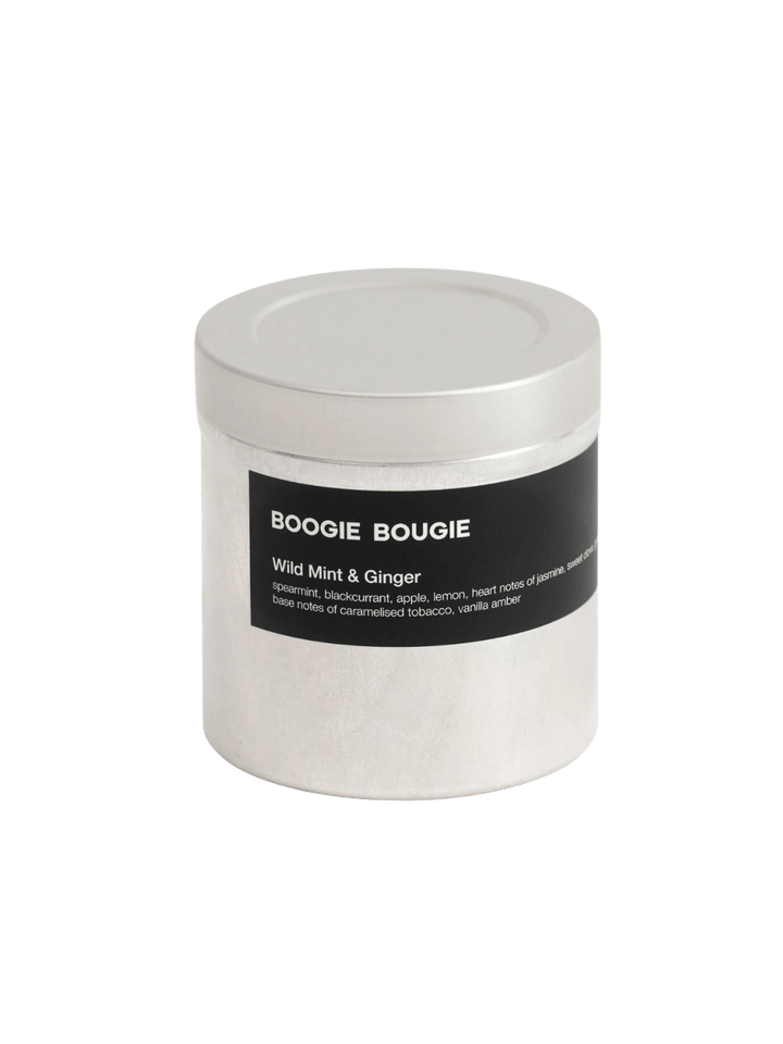 Wild Mint and Ginger candle with 'Boogie Bougie' label on a transparent background | Twentyseven Toronto