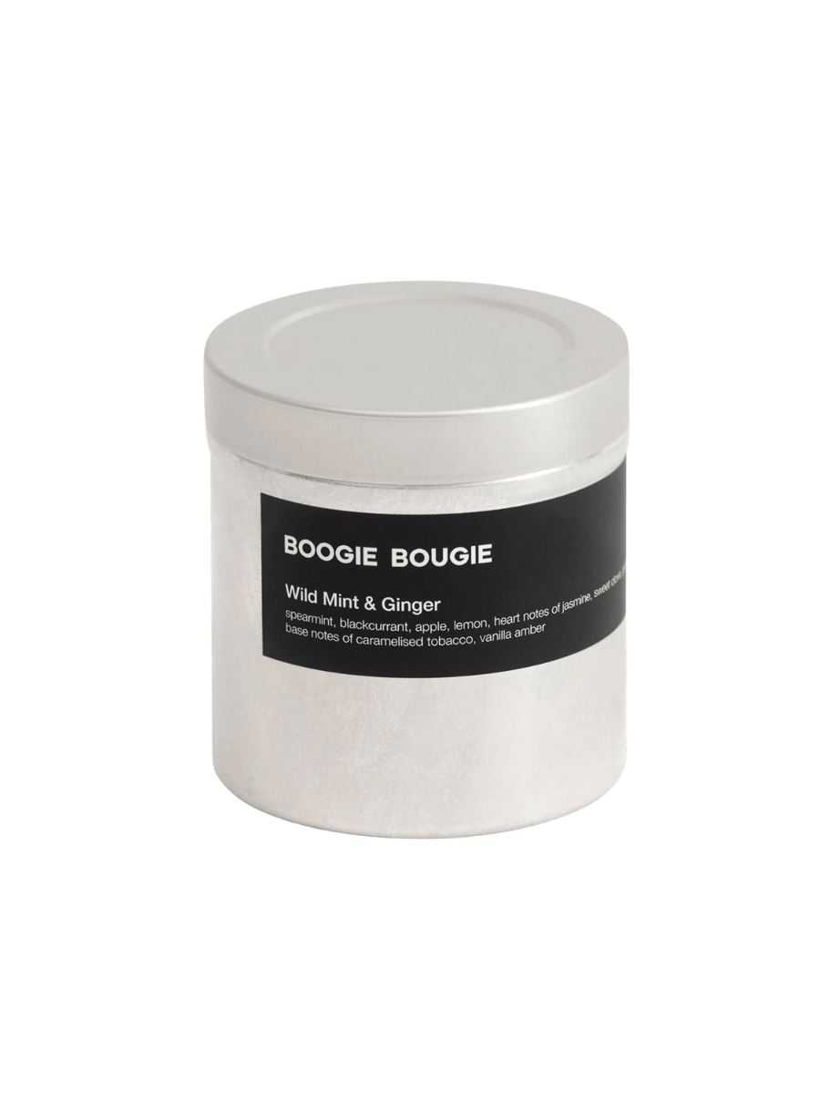 Wild Mint and Ginger candle with 'Boogie Bougie' label on a transparent background | Twentyseven Toronto