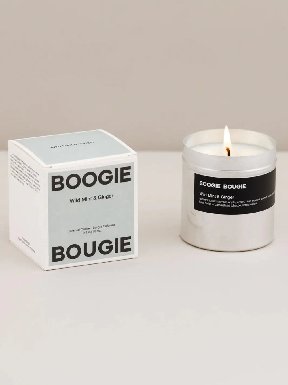 Boogie Bougie Wild Mint and Ginger candle and light blue packaging on a white background | Twentyseven Toronto