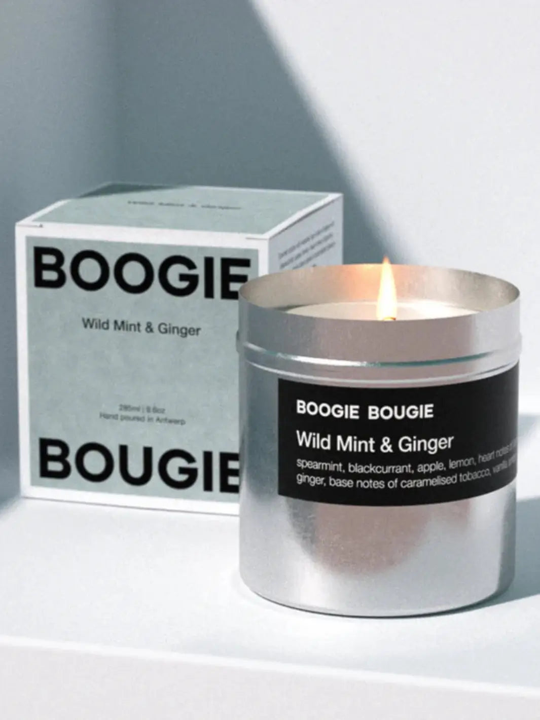 Boogie Bougie Wild Mint and Ginger candle and light blue packaging on a white background | Twentyseven Toronto