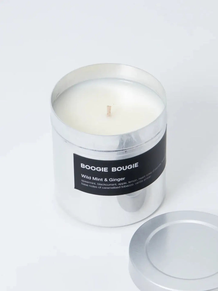 Wild Mint and Ginger candle in a silver container with a 'Boogie Bougie' black label on a white background | Twentyseven Toronto