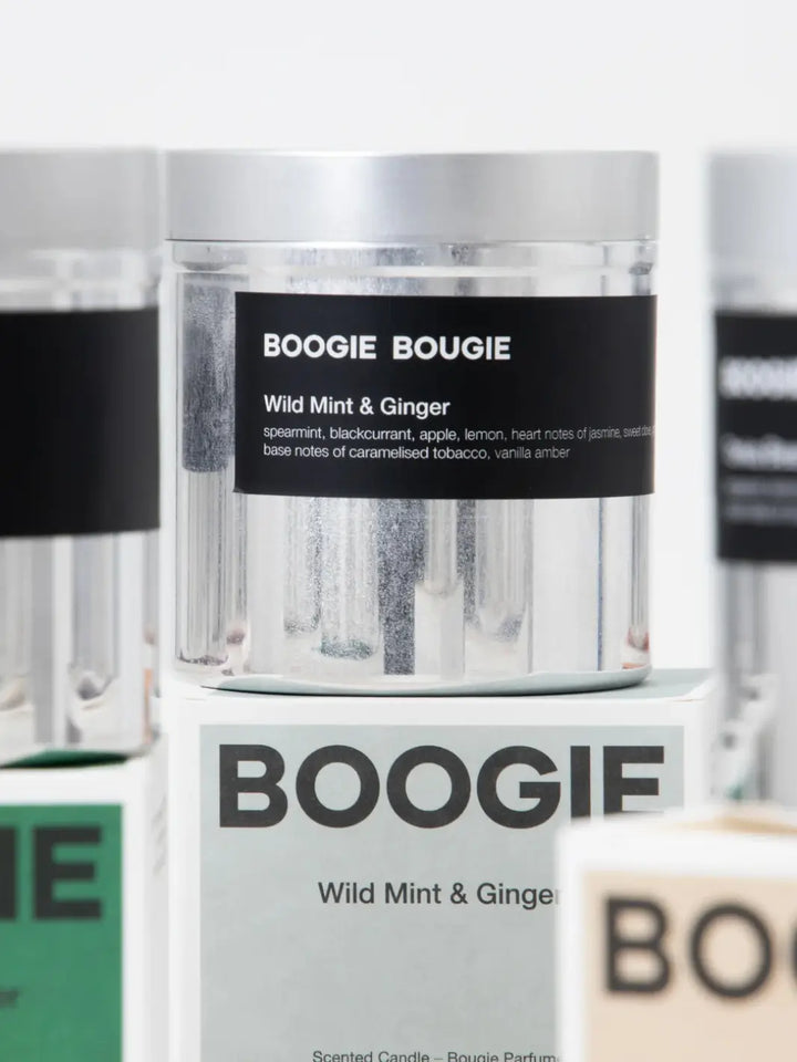 Boogie Bougie Wild Mint and Ginger candle on top of light blue packaging on a white background | Twentyseven Toronto