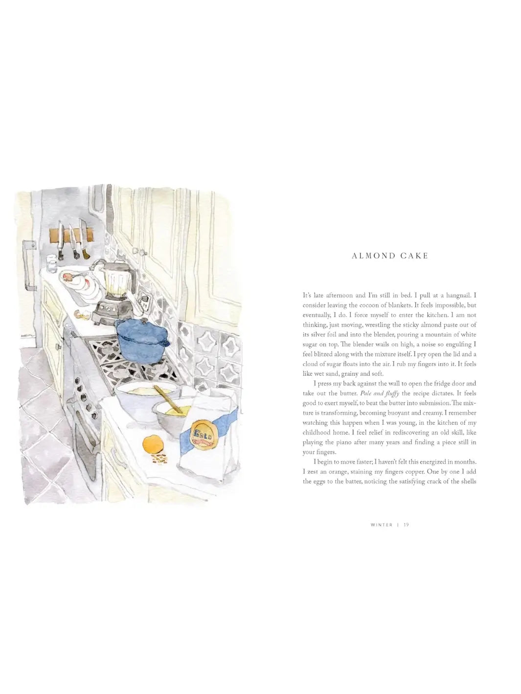 Page from Will This Make You Happy: Stories & Recipes from a Year of Baking by Tanya Bush featuring a delicate watercolor illustration of a busy kitchen counter next to a personal essay titled "Almond Cake" | Twentyseven Toronto