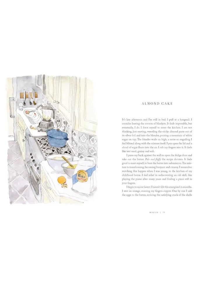 Page from Will This Make You Happy: Stories & Recipes from a Year of Baking by Tanya Bush featuring a delicate watercolor illustration of a busy kitchen counter next to a personal essay titled "Almond Cake" | Twentyseven Toronto